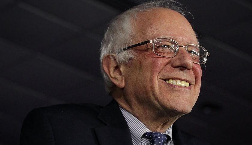 DES MOINES, IA - FEBRUARY 01:  Democratic presidential candidate Sen. Bernie Sanders (I-VT) smiles as he speaks to supporters during a caucus night party February 1, 2016 in Des Moines, Iowa. Sanders was locked in a virtual tie with former Secretary of State Hillary Clinton in the Iowa Democratic caucuses.  (Photo by Alex Wong/Getty Images)